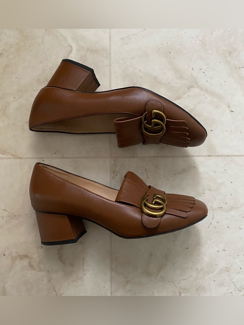 Gucci GG Marmont Brown Leather Fringe Block Heel Square Toe Pumps Loafers Size 7